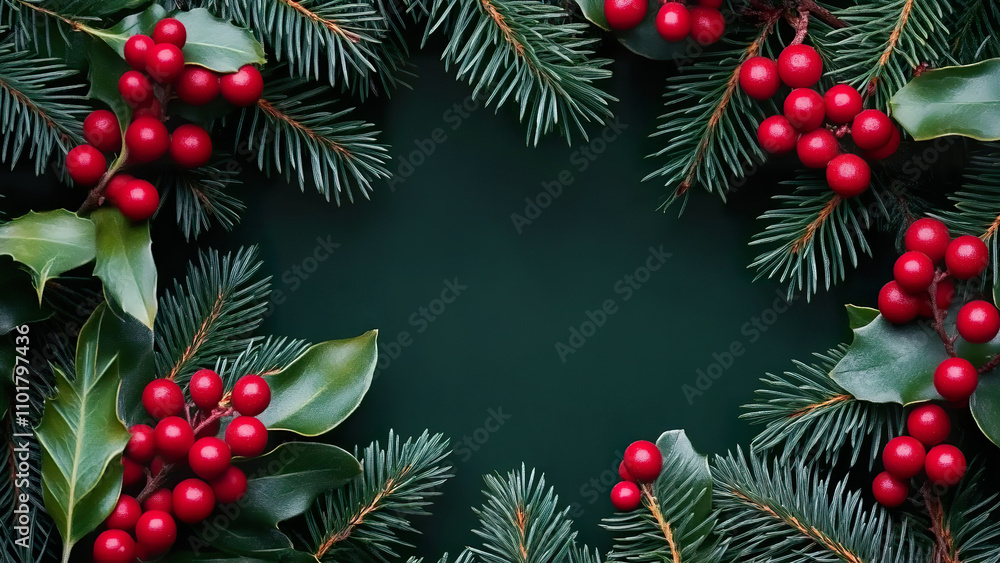 Festive evergreen and red berry holiday wreath on green background Festive evergreen and red berry holiday wreath on green background