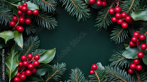 Festive evergreen and red berry holiday wreath on green background