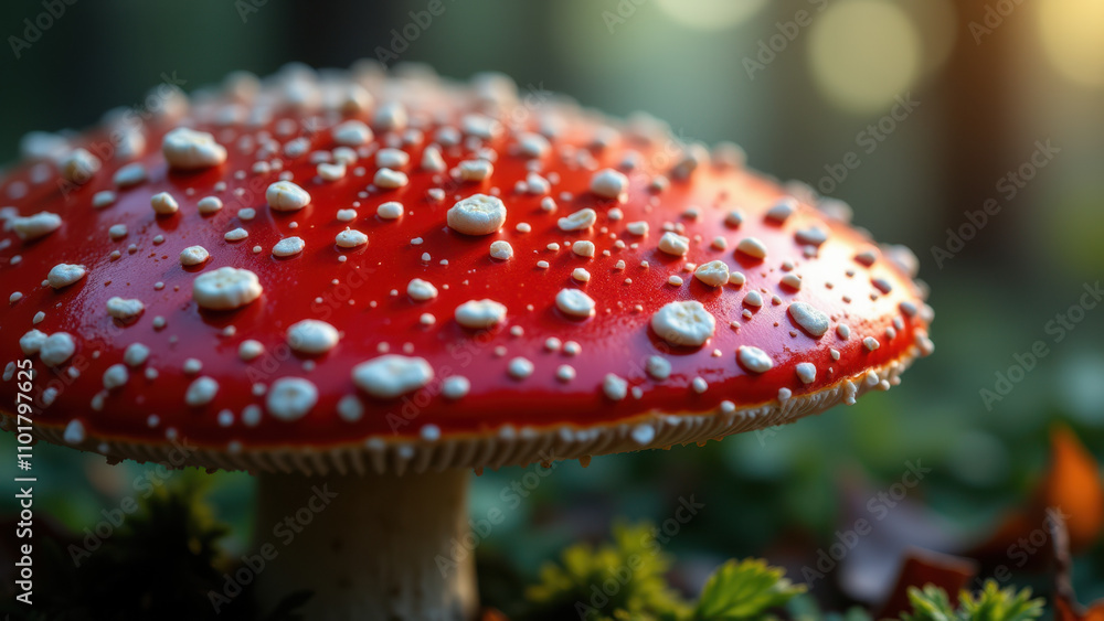 Obraz premium A close-up photograph of a vibrant red mushroom with small white spots growing in a forest, showcasing its delicate surface glistening with moisture.