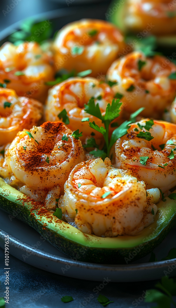 Close-up of delicious shrimp stuffed avocado halves, seasoned with paprika and garnished with fresh cilantro. Close-up of delicious shrimp stuffed avocado halves, seasoned with paprika and garnished with fresh cilantro.