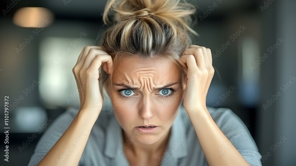 Fototapeta premium Businesswoman Frustrated with Technology Failures Macro Close Up - Challenges of Managing Tech Issues in Business Operations