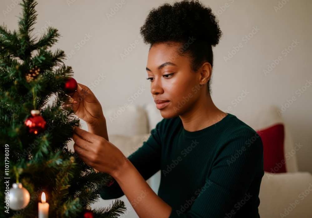 African-American woman decorating Christmas tree with ornaments at home African-American woman decorating Christmas tree with ornaments at home