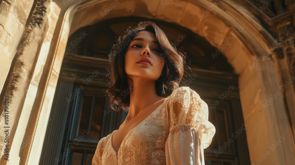 custom made wallpaper toronto digitalElegant Woman in Golden Lace Dress, Architectural Sunlight