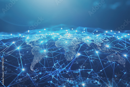 Light blue background with digital world map and global business network connections.