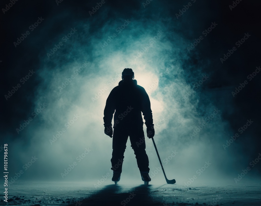 Naklejka premium Silhouette of an ice hockey player standing on the rink with fog and smoke in the dark background, backlit, full-body shot