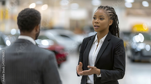 African american saleswoman with hair dreadlocks is talking to the customer at car showroom. Professional salesperson working in modern car dealership. Modern technology in auto dealership.
