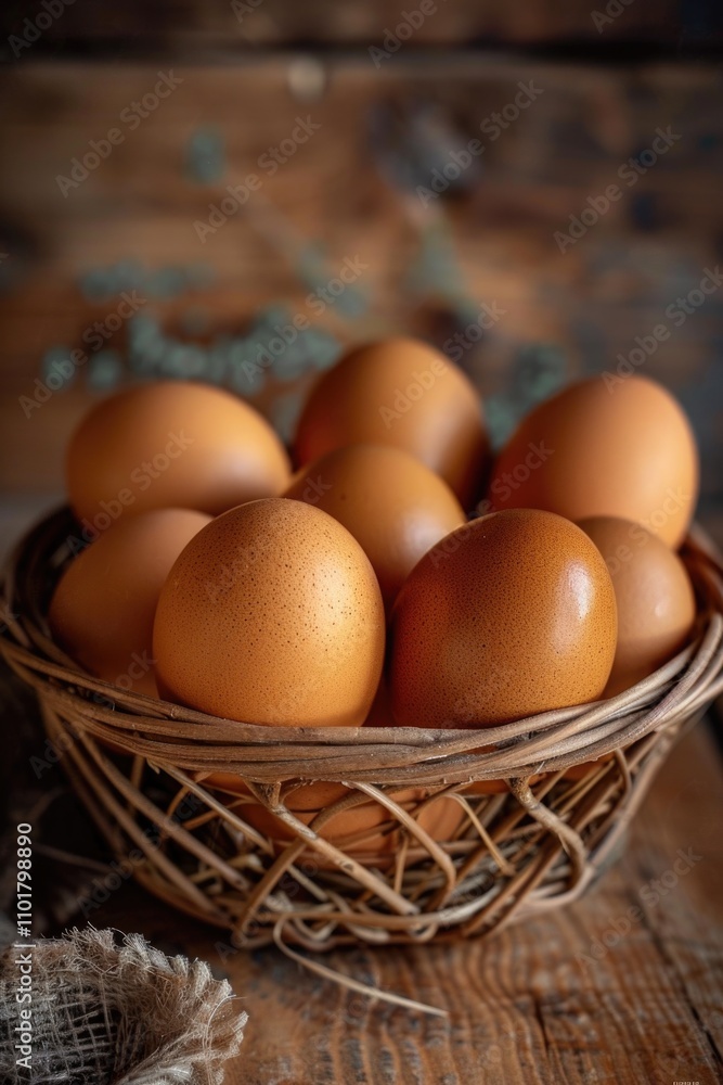 A basket filled with eggs placed on a wooden table A basket filled with eggs placed on a wooden table