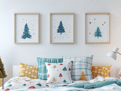 Cute mockup with 3 wall art frames in a child's room with colorful cushions