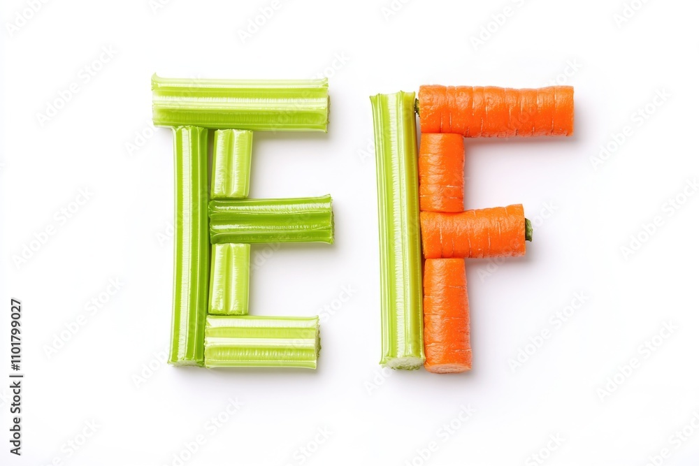 Crunchy carrots and crunchy celery arranged to form the letter F, great for healthy snacking or creative displays
