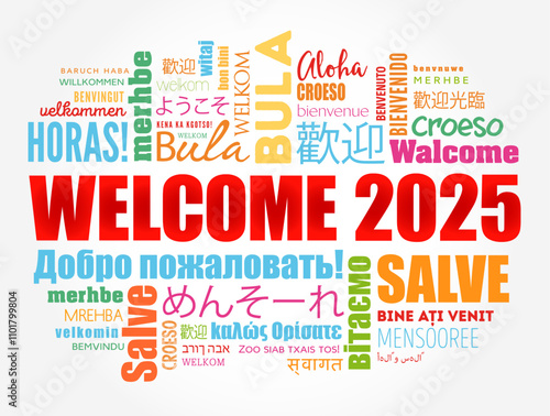 WELCOME 2025 word cloud in different languages, conceptual background