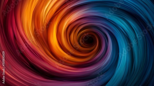 The image shows a swirling vortex of vibrant colors, transitioning from warm oranges and reds to cool blues and purples, creating a mesmerizing abstract pattern.