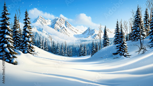 Wallpaper Mural serene winter landscape featuring snow covered pine trees and majestic mountains under clear blue sky. tranquil scene evokes sense of peace and beauty Torontodigital.ca