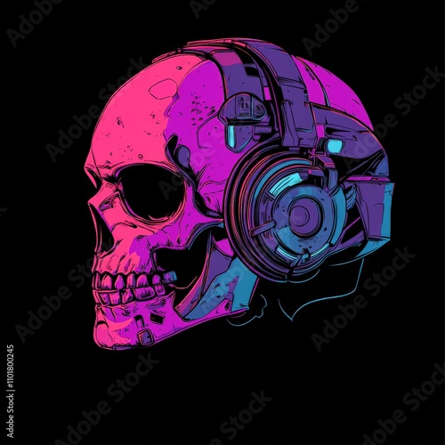 A vibrant, illustrated skull wearing futuristic headphones against a dark background, perfect for music-related themes, Halloween designs, or tech-inspired artwork for various media platforms, photo