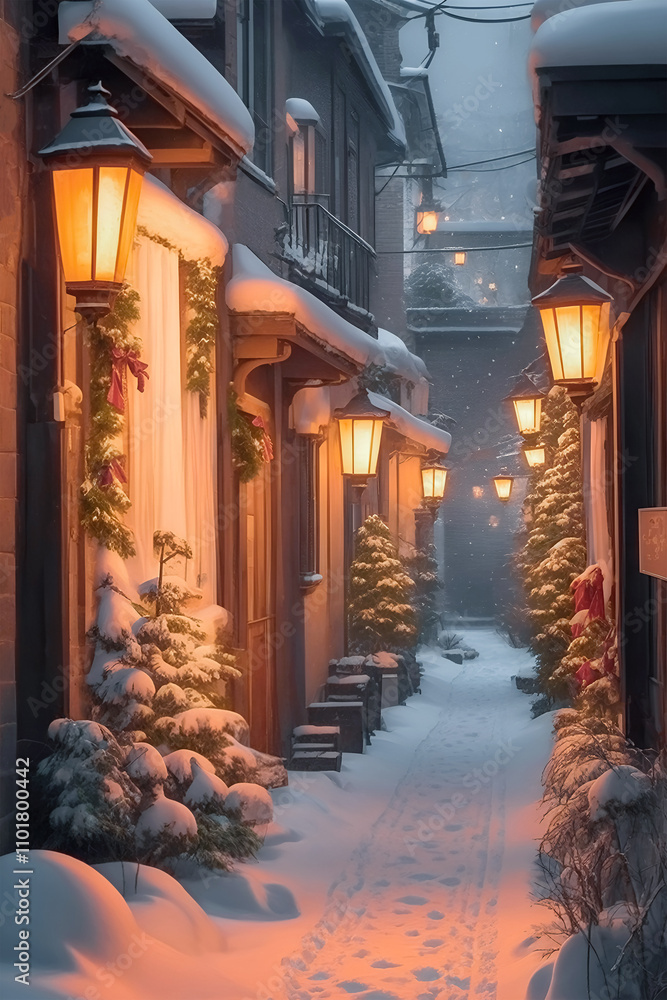A snow-covered, empty street with old houses and illuminated street lights on the eve of Christmas. A snow-covered, empty street with old houses and illuminated street lights on the eve of Christmas.