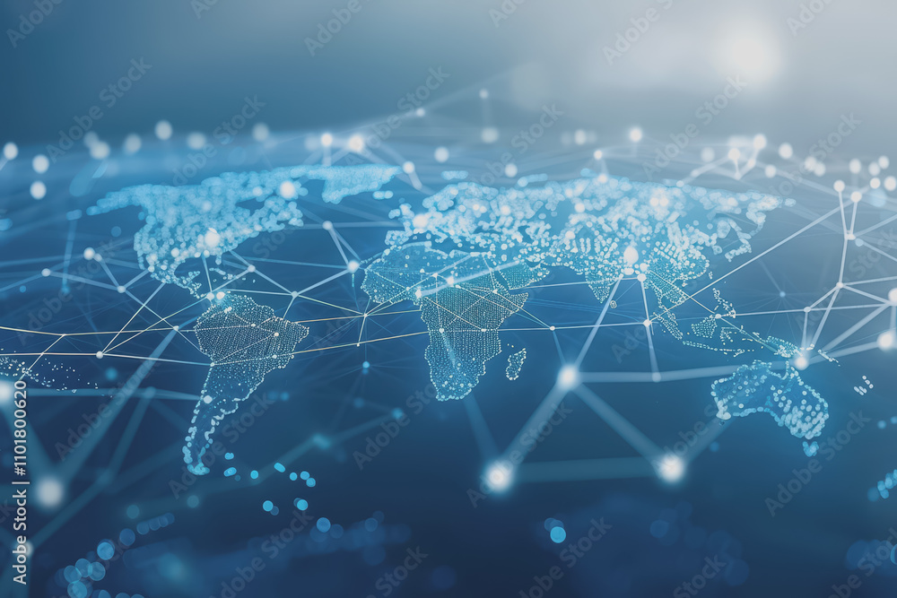 Obraz premium Light blue background with digital world map and global business network connections.