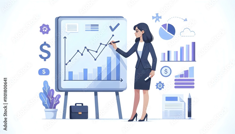 Flat Businesswoman Drawing Financial Graph on Transparent Board for Planning and Decision Making Flat Businesswoman Drawing Financial Graph on Transparent Board for Planning and Decision Making