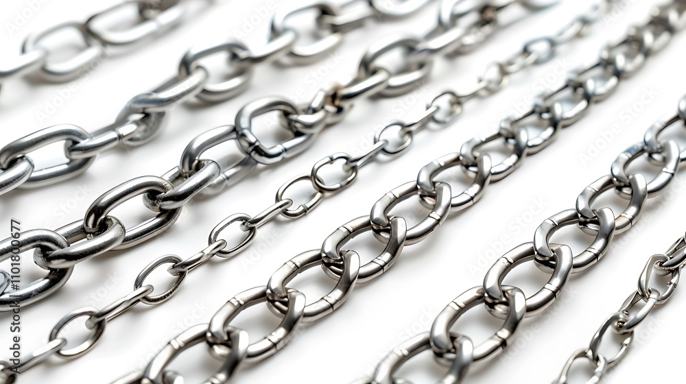 Fototapeta premium A collection of metallic chains arranged in a row, showcasing various link designs and textures.