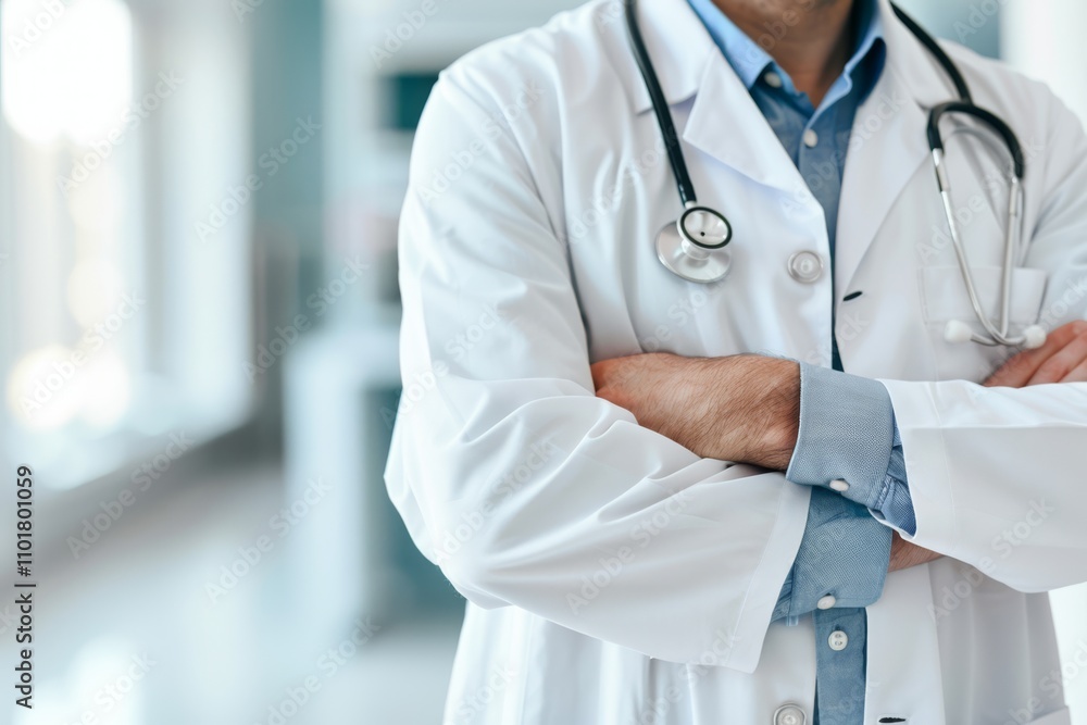 Close-up of a male doctor in a white coat with a stethoscope, arms confidently crossed, standing in a blurred clinical setting background Close-up of a male doctor in a white coat with a stethoscope, arms confidently crossed, standing in a blurred clinical setting background