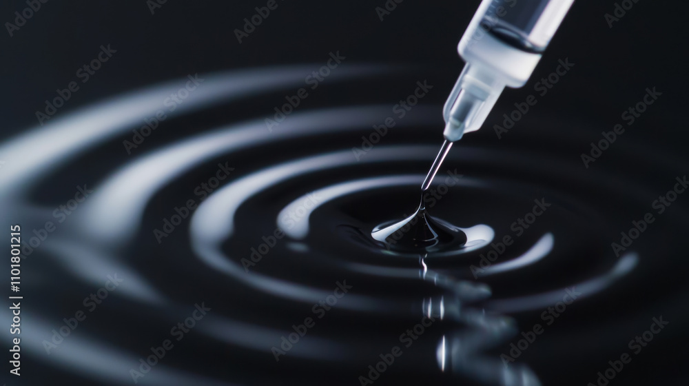 Booster vaccine concept. close up view of needle tip creating ripples in liquid, showcasing precision Booster vaccine concept. close up view of needle tip creating ripples in liquid, showcasing precision