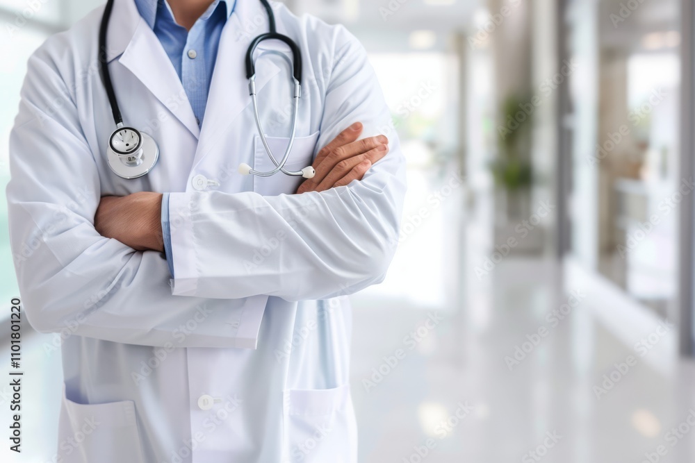 Cropped view of a doctor in a white coat with arms crossed, wearing a stethoscope, standing in a bright, modern medical facility Cropped view of a doctor in a white coat with arms crossed, wearing a stethoscope, standing in a bright, modern medical facility