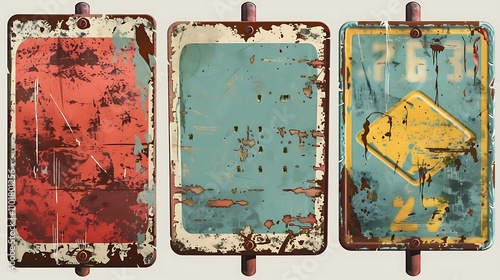 A collection of three distressed and weathered signs showcasing peeling paint and rust, evoking a vintage aesthetic.