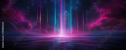 Ethereal light beams emanate from ocean surface mystical scene digital art cosmic environment serene viewpoint