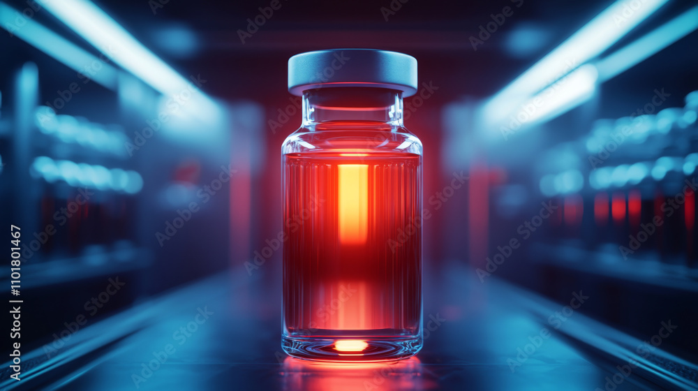 Booster vaccine concept. glowing vaccine vial in sterile, futuristic environment Booster vaccine concept. glowing vaccine vial in sterile, futuristic environment