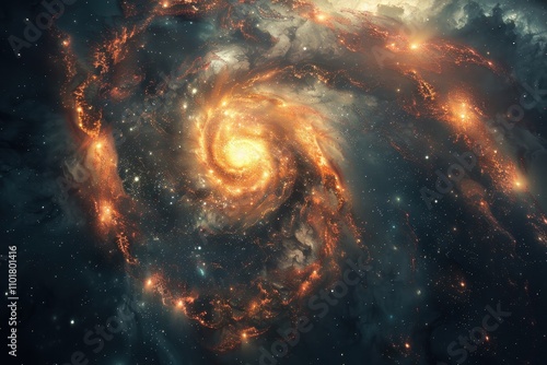 Glowing spiral galaxy with bright center and dark dust formations