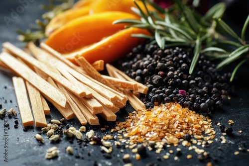Assortment of spices and herbs displayed on a table