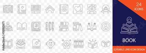 Book editable thin line icon set. containing memoir, journal, diary, bookshelf,   e-book,  notebook, reader, library, novel, story and more stroke design