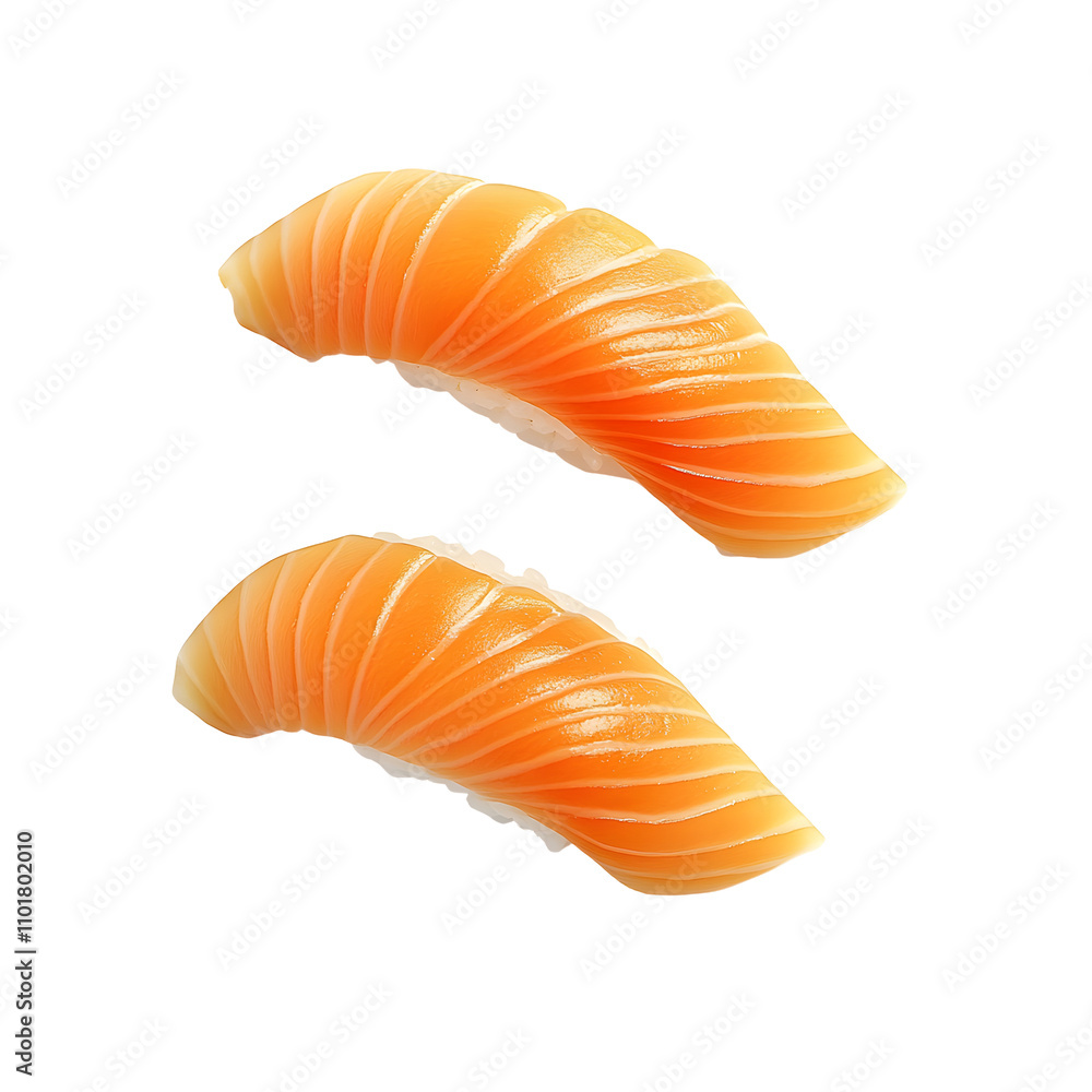 Two pieces of sushi featuring delicate slices of salmon. Two pieces of sushi featuring delicate slices of salmon.