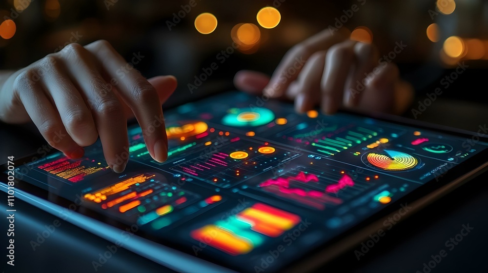 Macro Close Up Hands Using Data Visualization Tools on Tablet with Copy Space Macro Close Up Hands Using Data Visualization Tools on Tablet with Copy Space