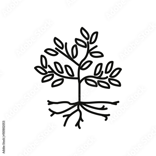 Tree with roots and leaves icon flat line symbol set.