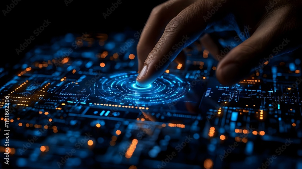 Naklejka premium Futuristic Macro Shot CEO AI Holographic Displays Business Innovation Copy Space Stock Photo