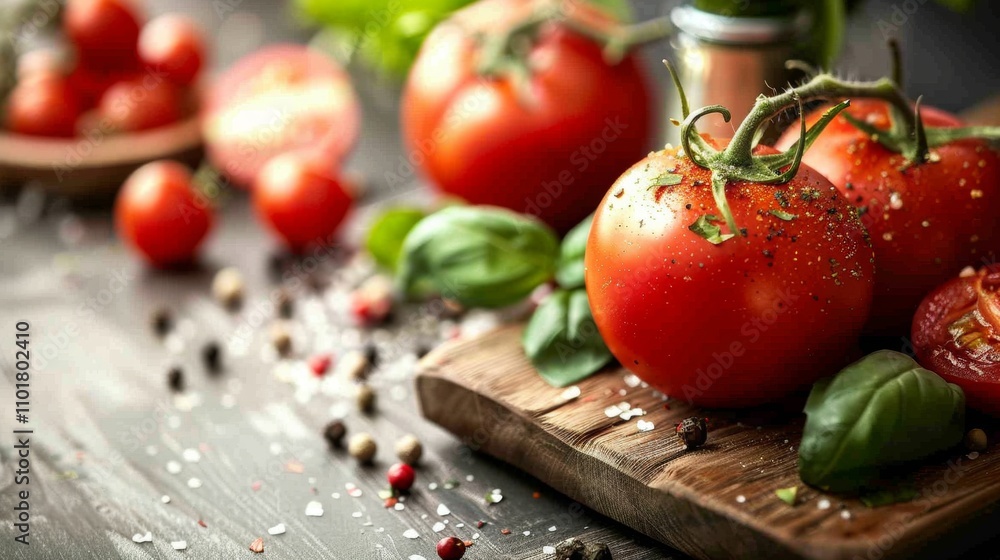Fresh tomatoes with seasoning on rustic surface Fresh tomatoes with seasoning on rustic surface