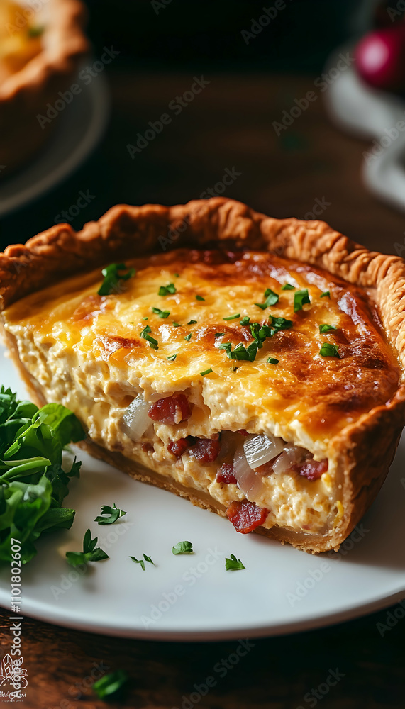 Delicious slice of quiche lorraine on a white plate, garnished with fresh parsley. Delicious slice of quiche lorraine on a white plate, garnished with fresh parsley.
