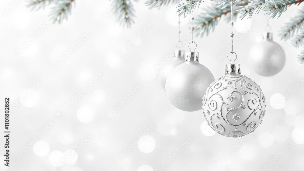 White Christmas baubles on white background with bokeh. White Christmas baubles on white background with bokeh.