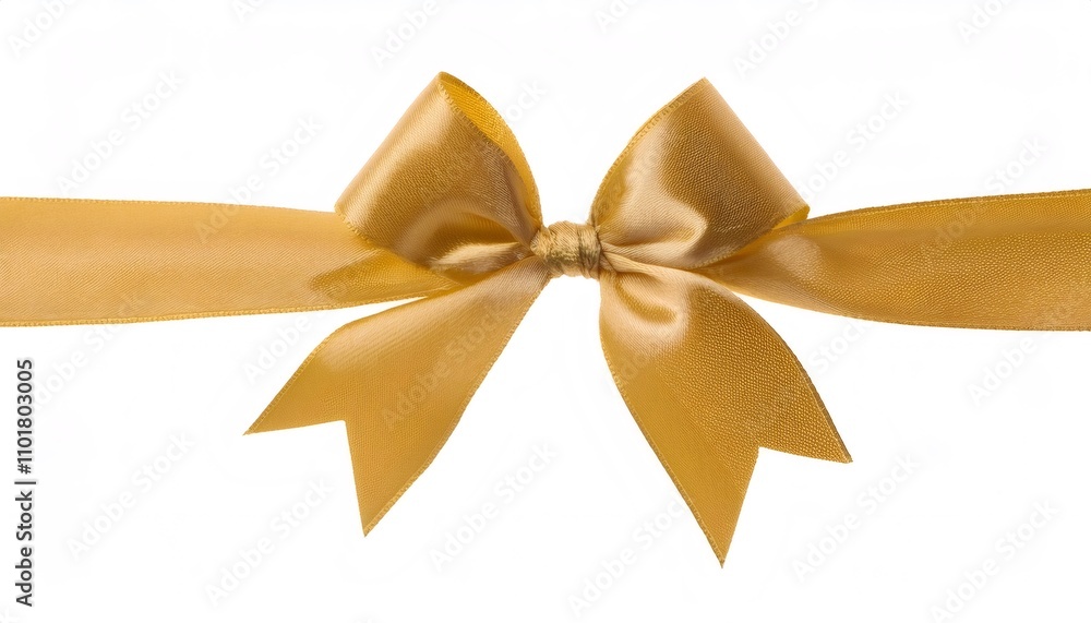 Elegant golden ribbon bow adding a touch of sophistication and celebration to a pristine white backdrop Elegant golden ribbon bow adding a touch of sophistication and celebration to a pristine white backdrop