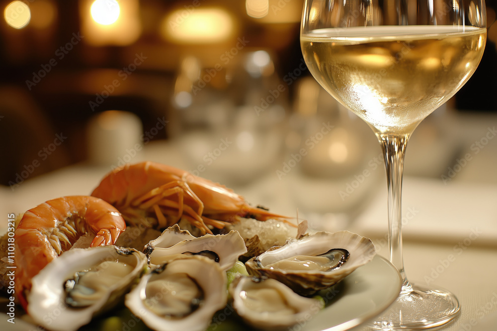 Fototapeta premium The seafood dish with glass of white wine.