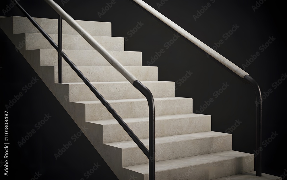 A modern staircase with sleek railings against a dark background.