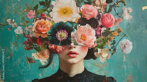 Surreal collage art portrait of a young woman adorned with vibrant blooms, evoking a sense of ethereal beauty and dreamlike wonder. 