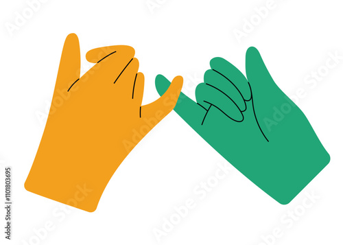 Diverse hands holding with pinky finger making a promise. Hand drawn isolated vector illustration