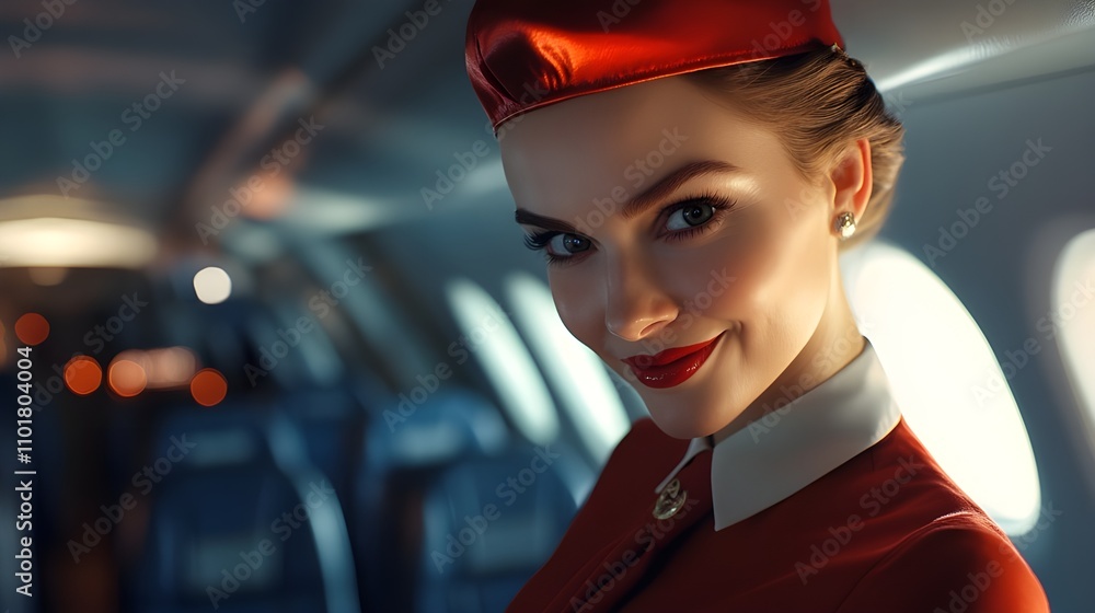 Smiling Flight Attendant in Airplane Cabin Smiling Flight Attendant in Airplane Cabin