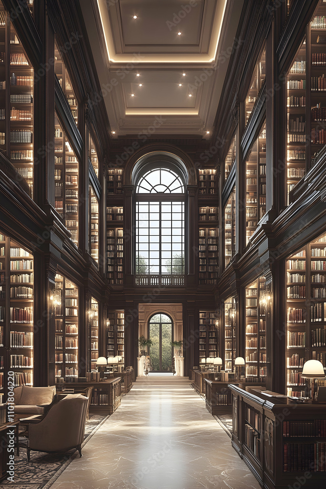 Grand library interior with tall bookshelves, arched windows, and seating areas. Grand library interior with tall bookshelves, arched windows, and seating areas.