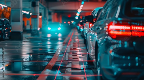 Wallpaper Mural A nighttime view of cars parked in a garage, illuminated by colorful lights and reflections on wet surfaces. Torontodigital.ca