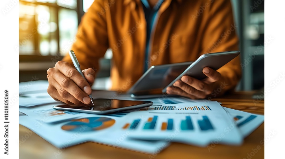Close-Up Macro of Business Strategist Using Smart Devices for Market Analysis and Innovation Close-Up Macro of Business Strategist Using Smart Devices for Market Analysis and Innovation