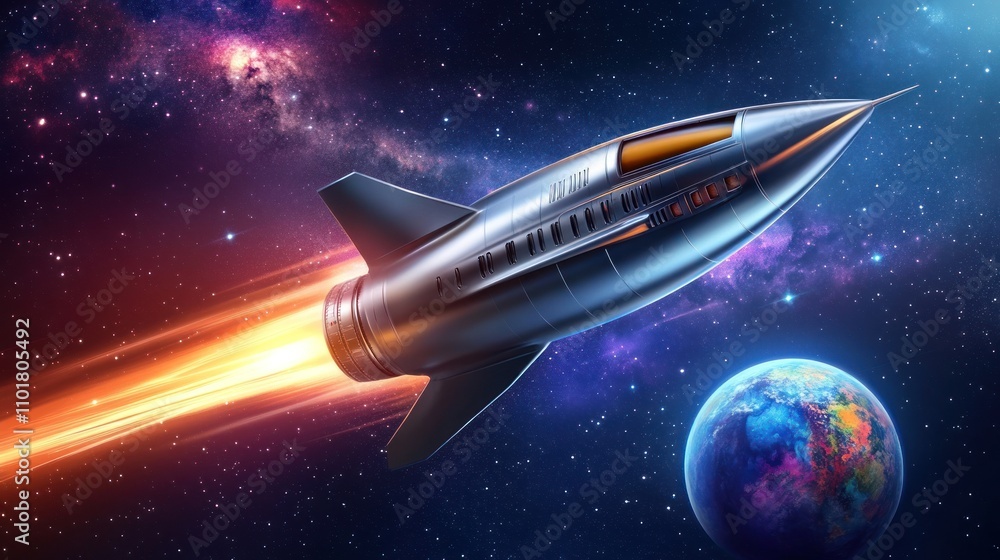 Retro Rocket Ship Soaring Through Cosmic Nebula Towards Planet Retro Rocket Ship Soaring Through Cosmic Nebula Towards Planet