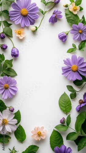 Floral arrangement with purple and white flowers surrounded by lush green leaves