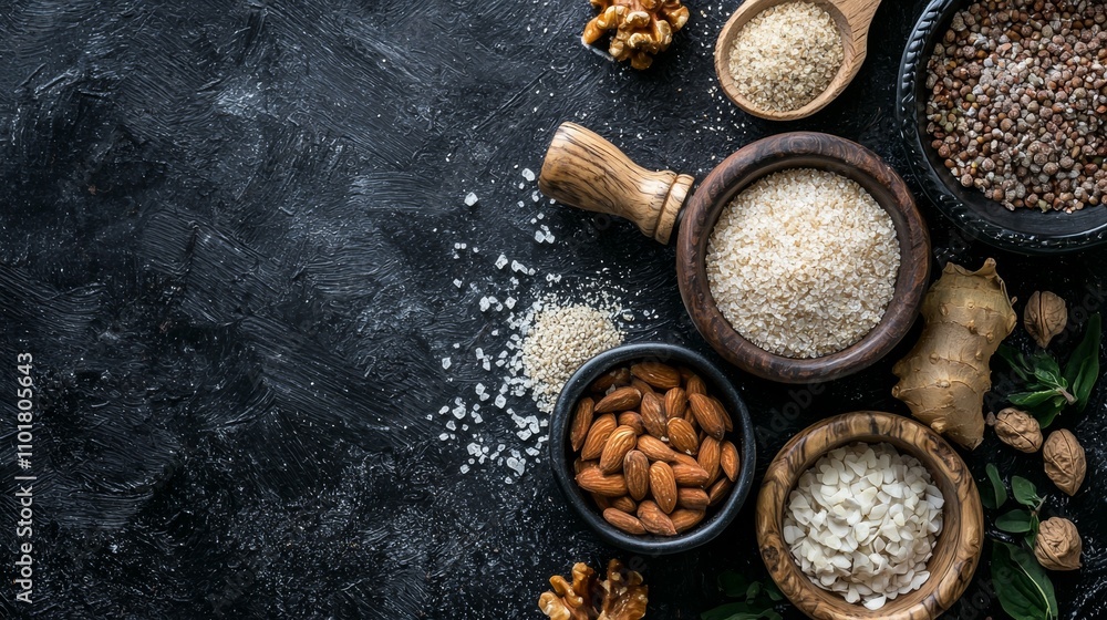 Assortment of grains, nuts, and spices on dark surface Assortment of grains, nuts, and spices on dark surface
