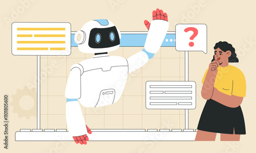 AI chat bot assistant helps to find answers and solutions for business. Virtual robot creates high tech digital content, prompt engineering concept, gears and speech bubbles on the isolated background